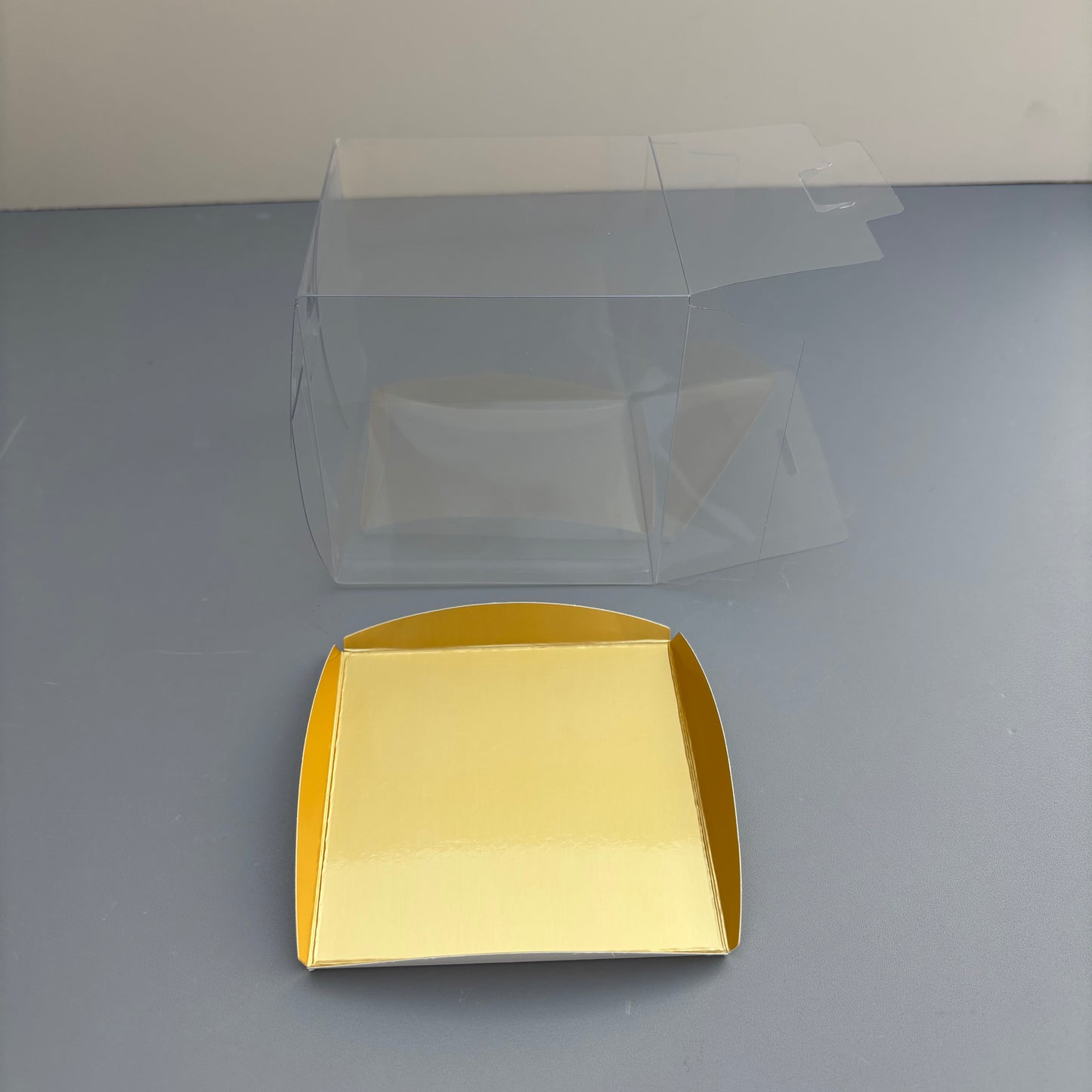 Clear Mini Cake & Puff Treat Box with Gold Paper Insert