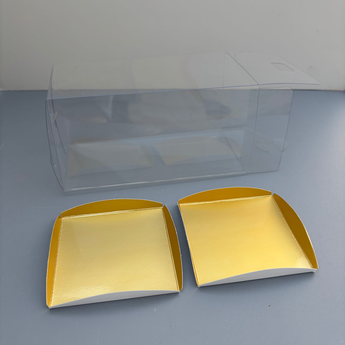 Clear Mini Cake & Puff Treat Box with Gold Paper Insert