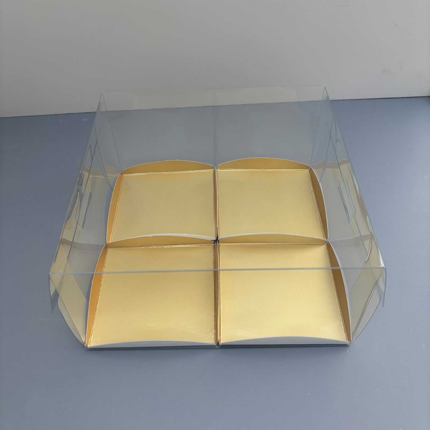 Clear Mini Cake & Puff Treat Box with Gold Paper Insert