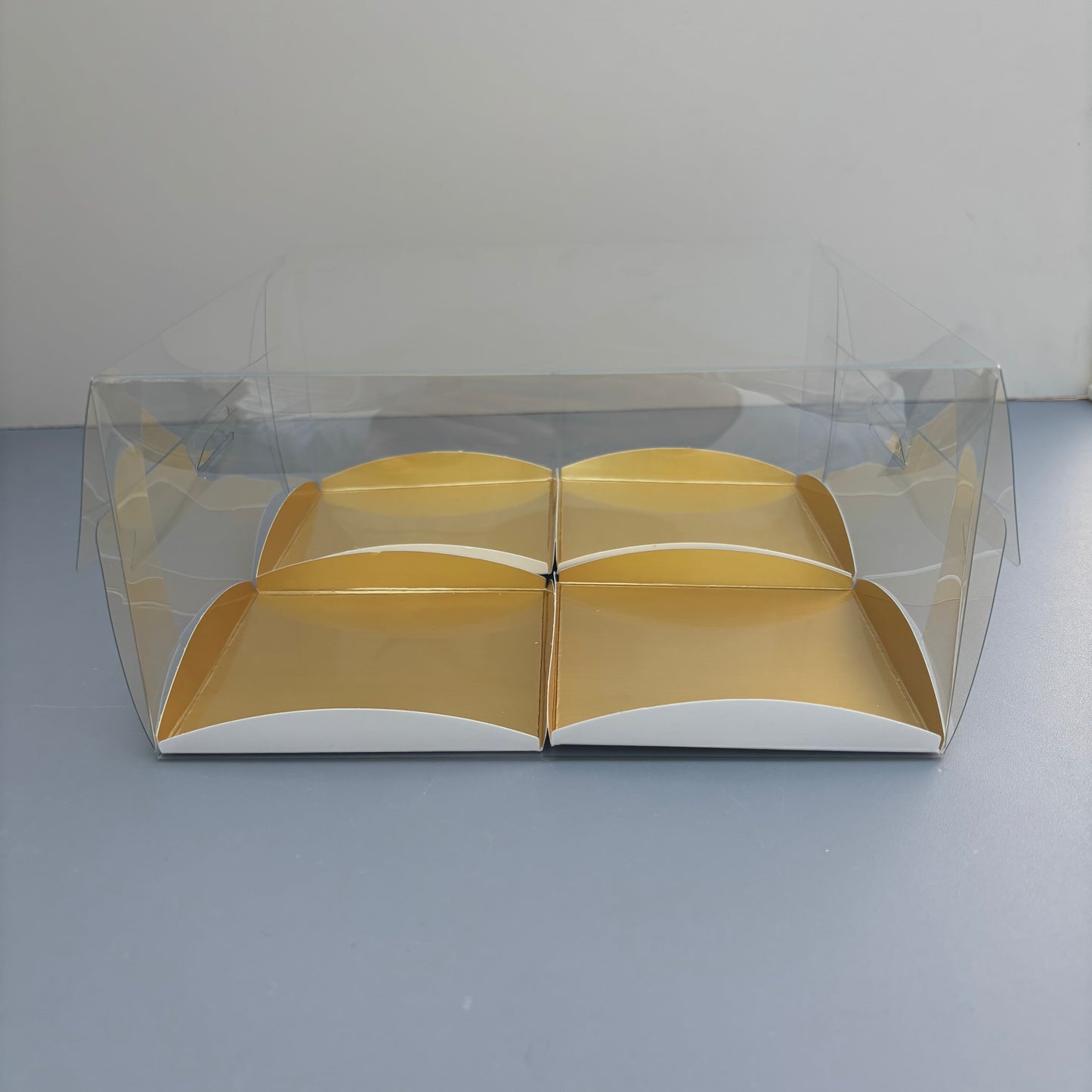 Clear Mini Cake & Puff Treat Box with Gold Paper Insert
