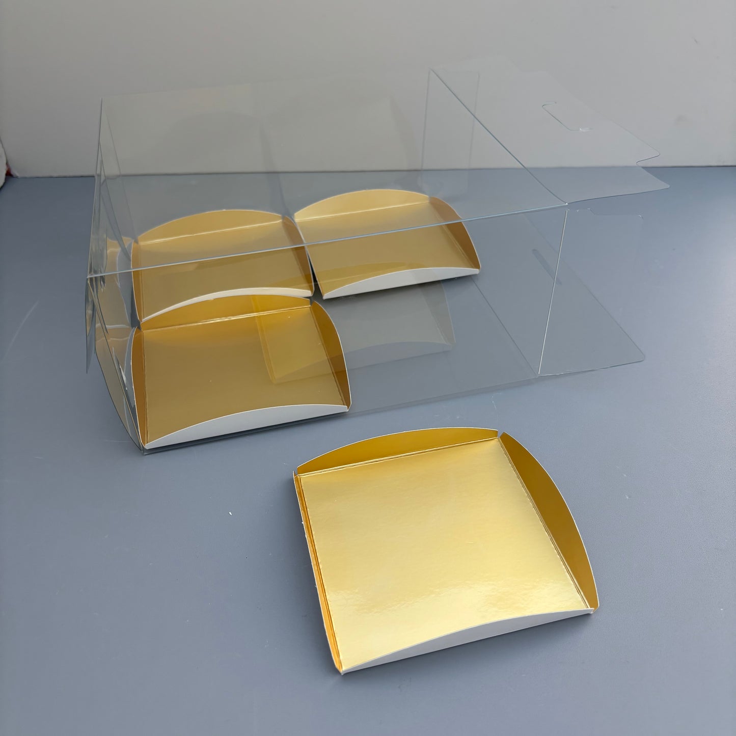Clear Mini Cake & Puff Treat Box with Gold Paper Insert