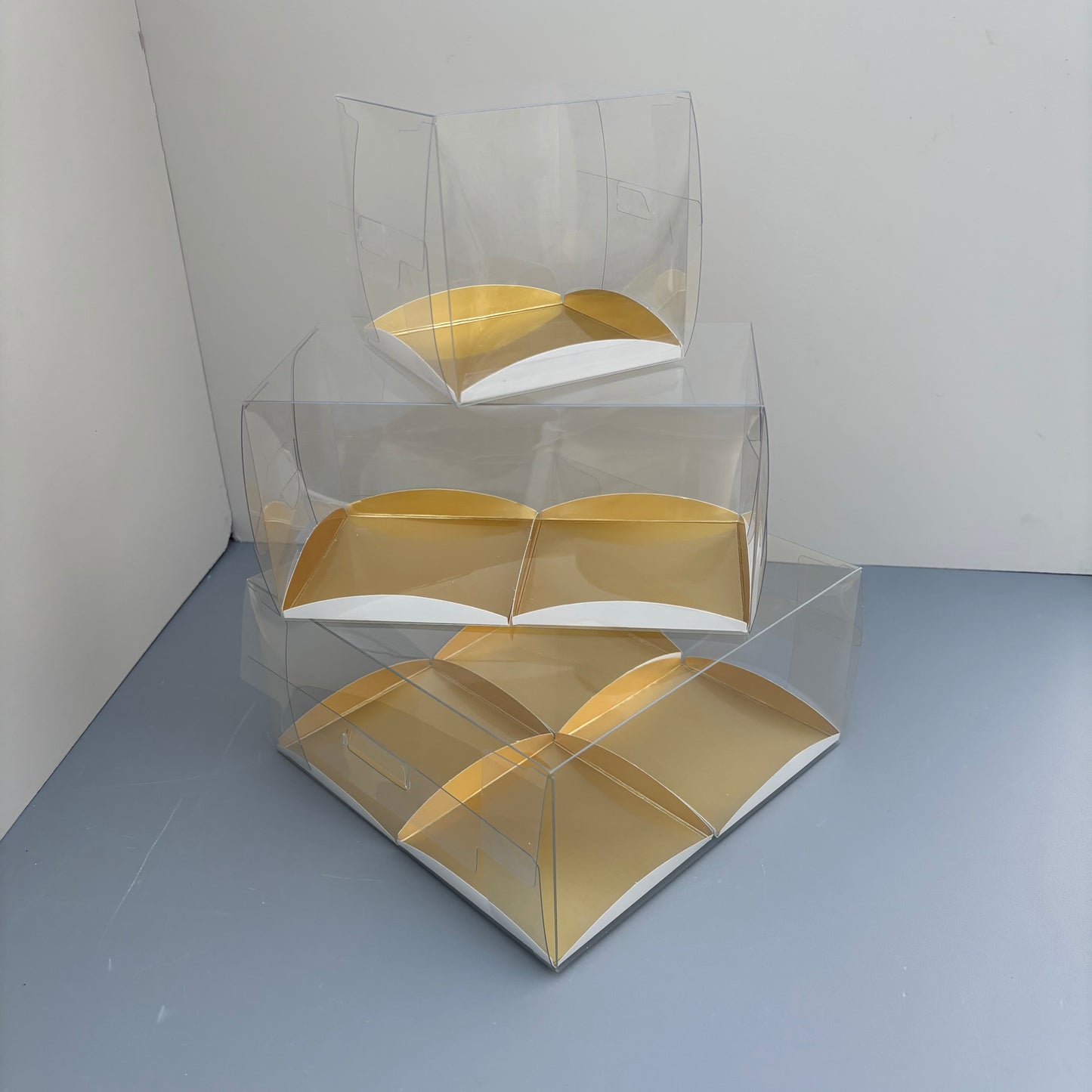 Clear Mini Cake & Puff Treat Box with Gold Paper Insert