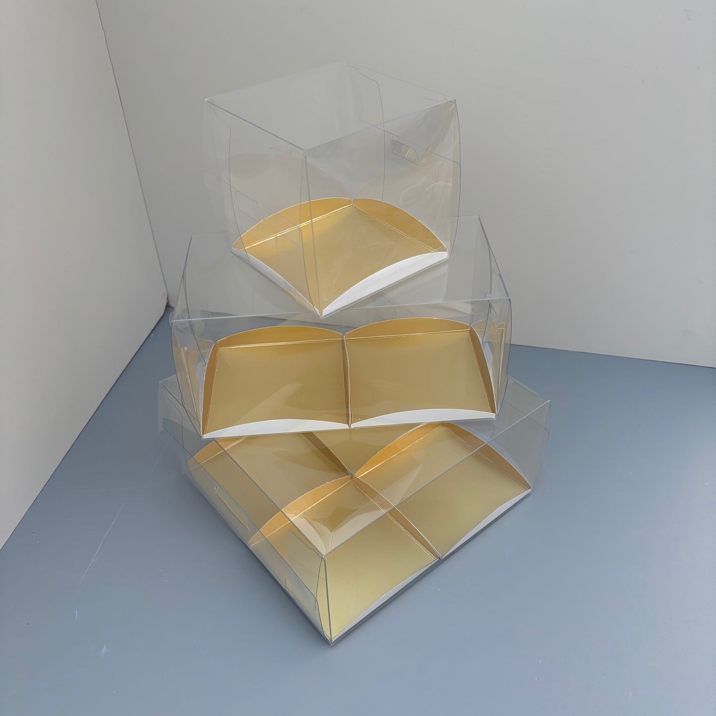 Clear Mini Cake & Puff Treat Box with Gold Paper Insert