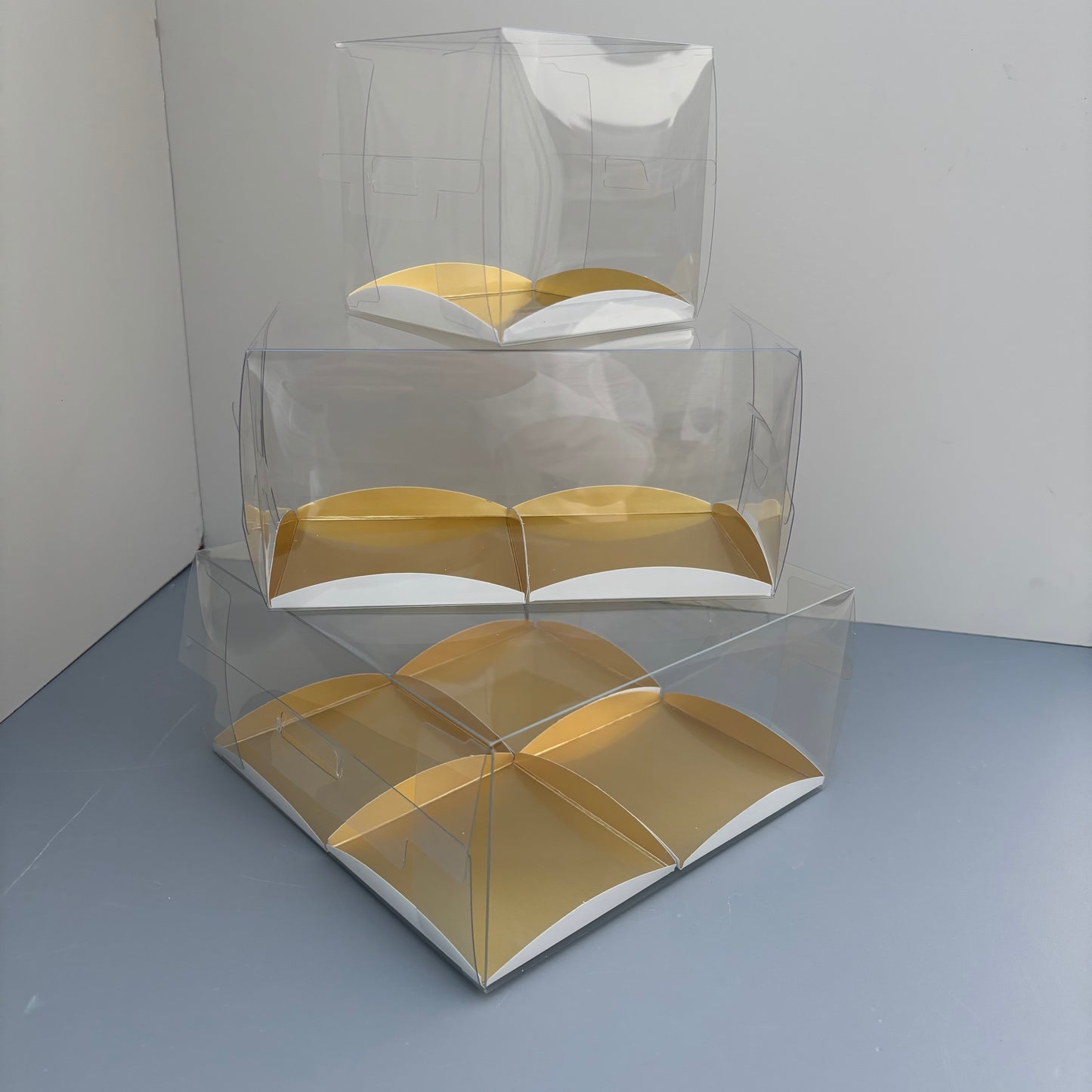 Clear Mini Cake & Puff Treat Box with Gold Paper Insert