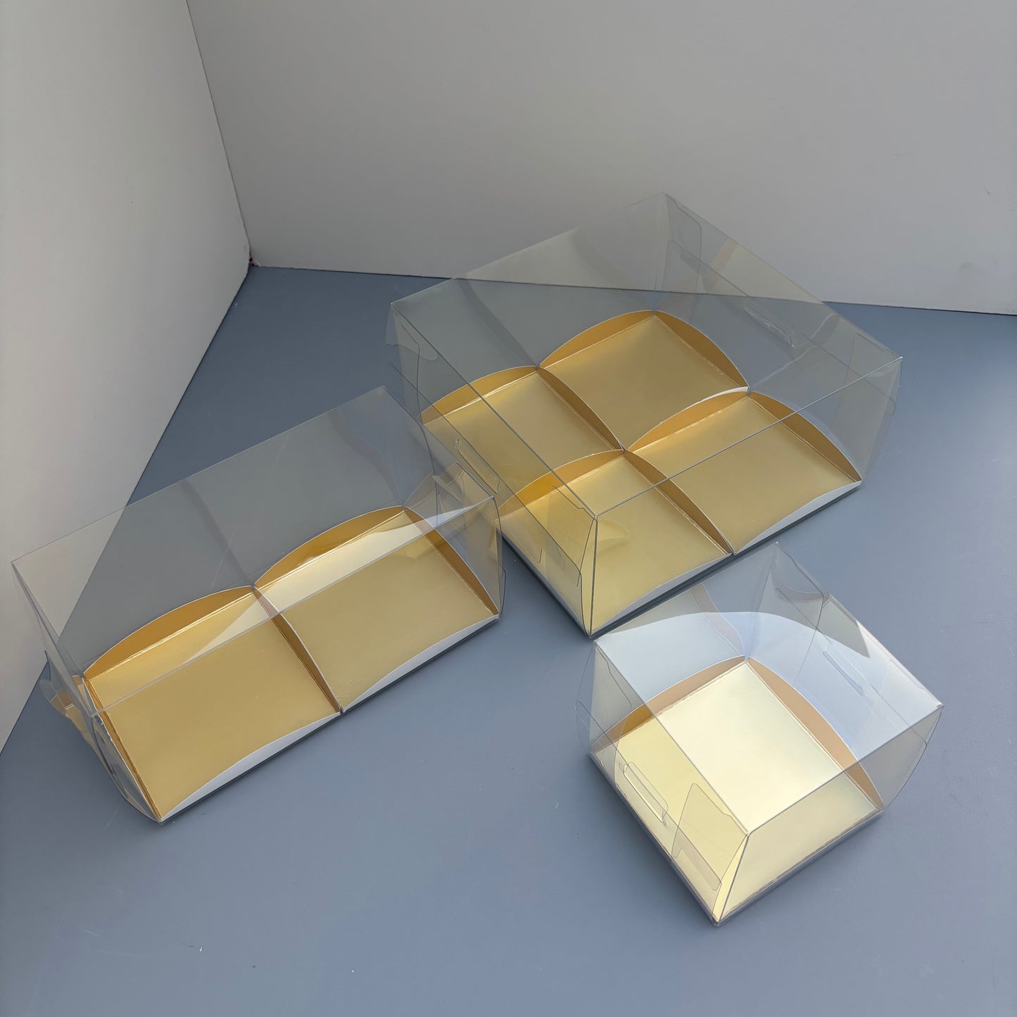 Clear Mini Cake & Puff Treat Box with Gold Paper Insert