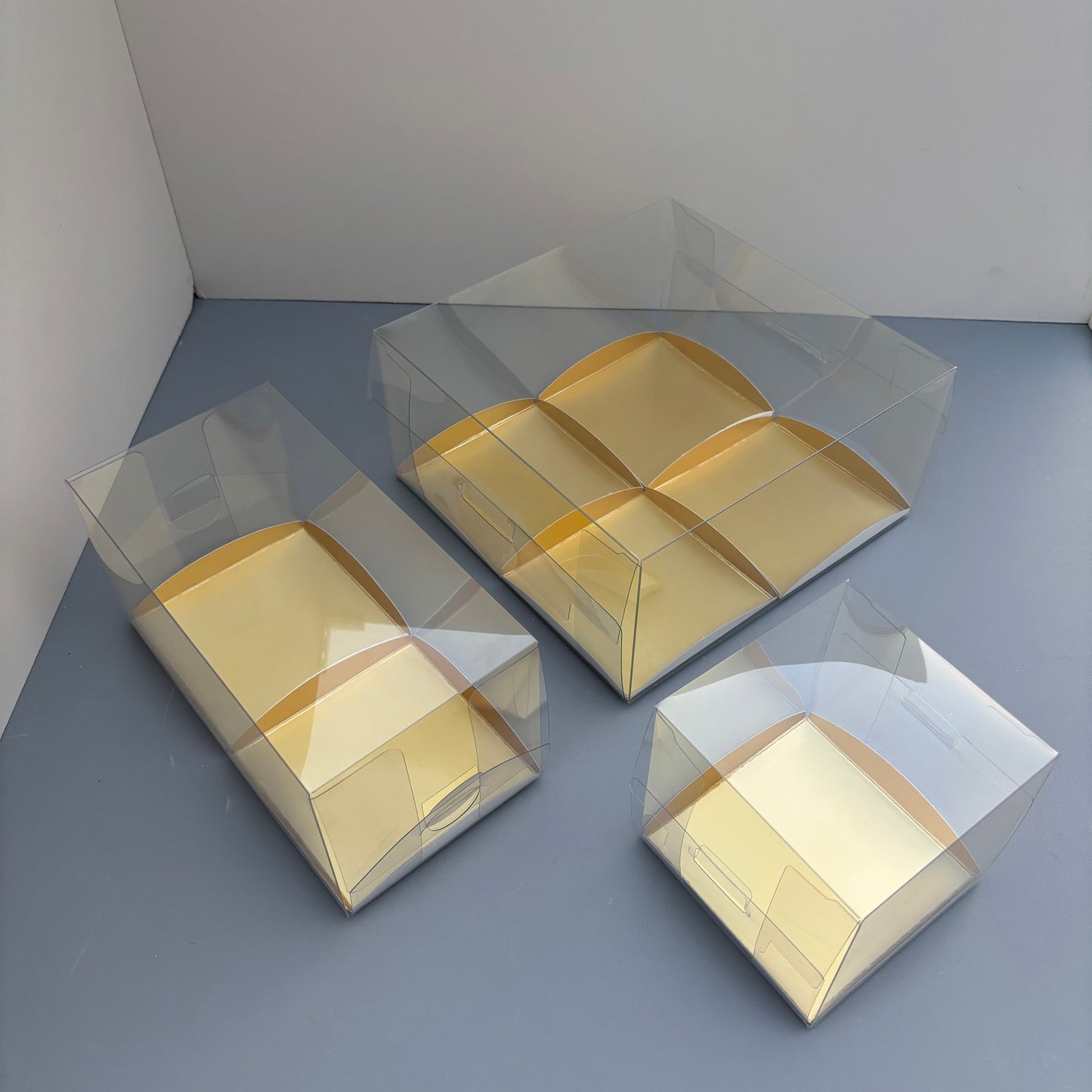 Clear Mini Cake & Puff Treat Box with Gold Paper Insert