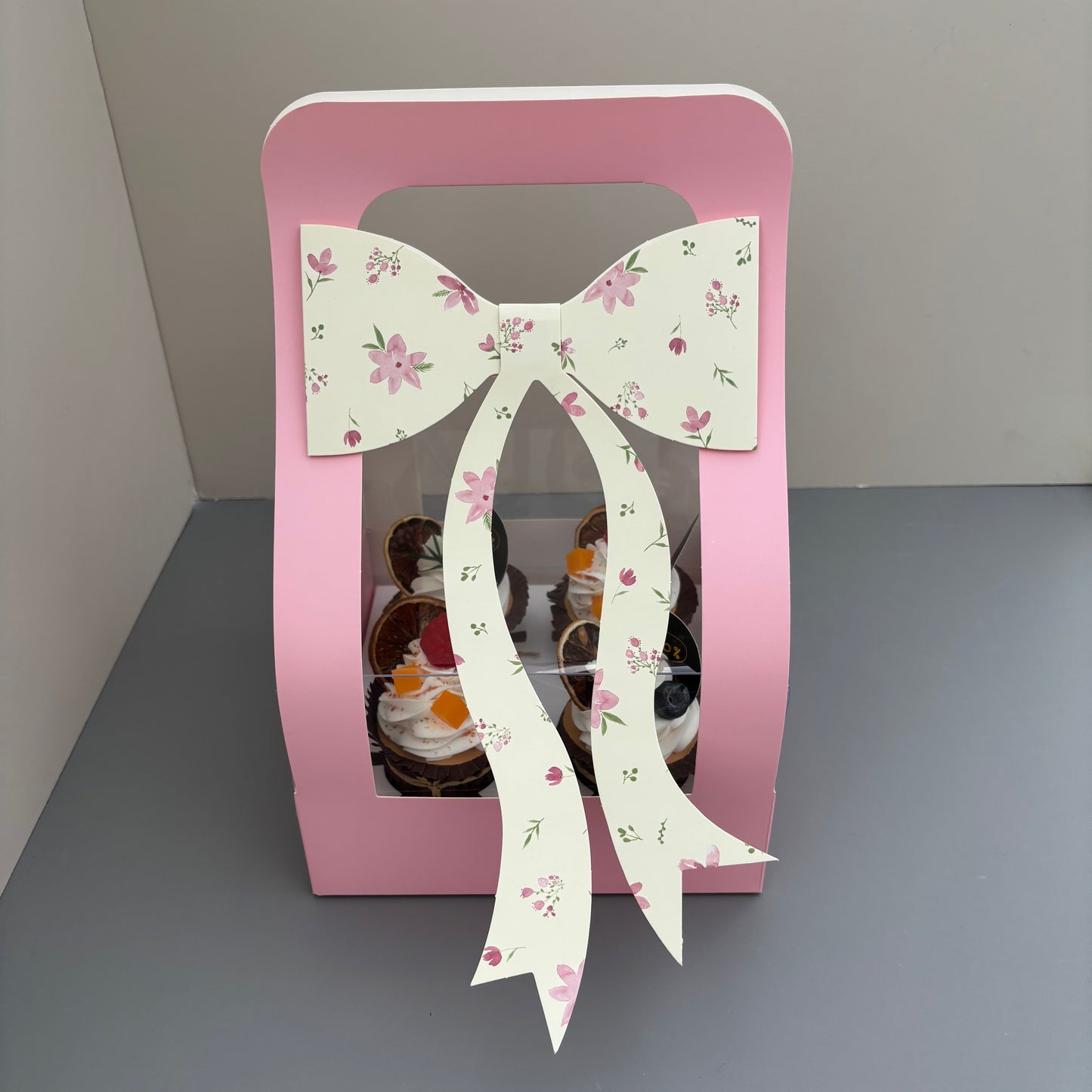10PCS Valentine's Day Pink 4-cupcakes Box with Bow Tie