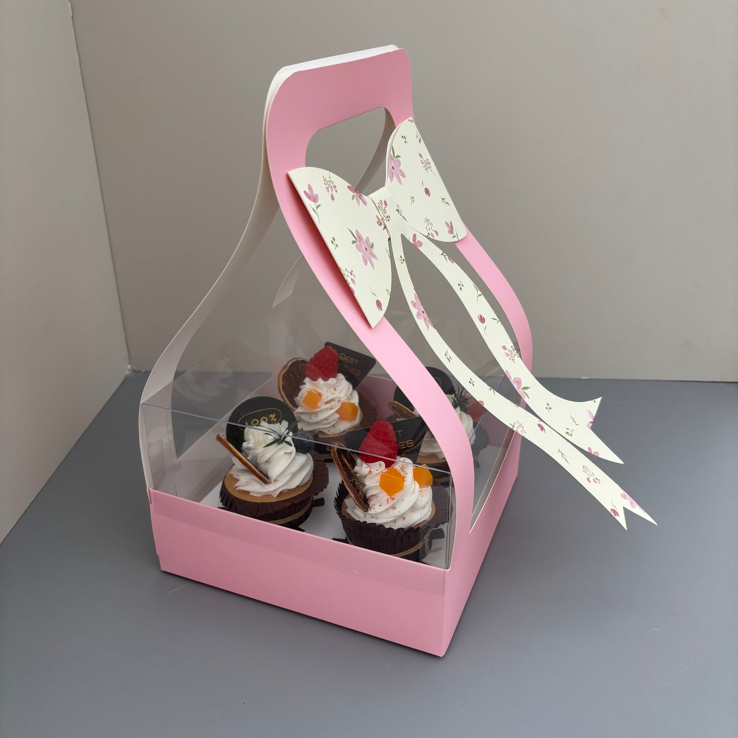 10PCS Valentine's Day Pink 4-cupcakes Box with Bow Tie
