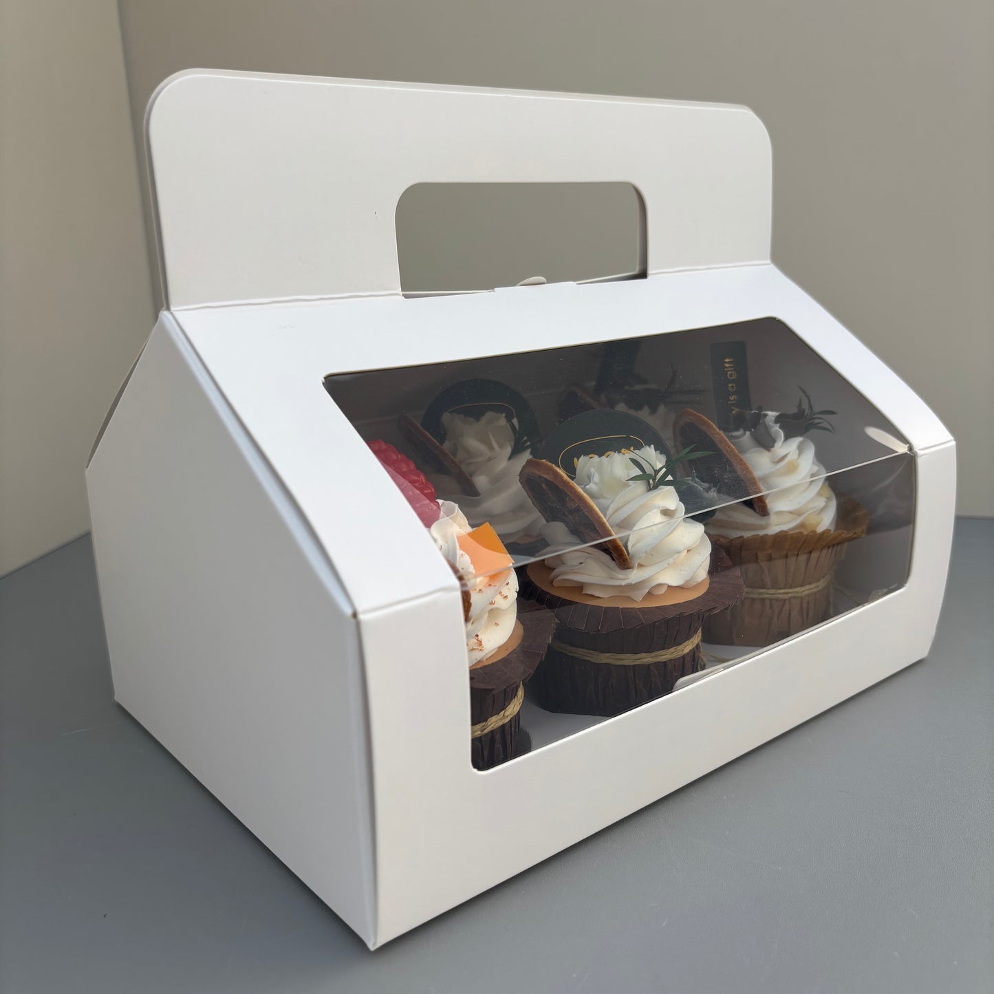 White Cupcake Window Handle Box With Paper Insert