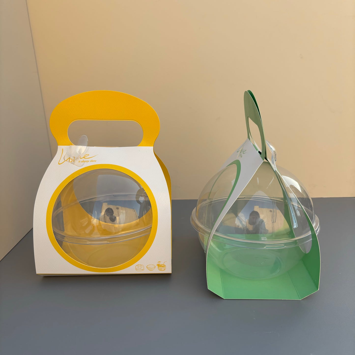 50PCS 500ML dessert clear ball with yellow paper handle and spoon