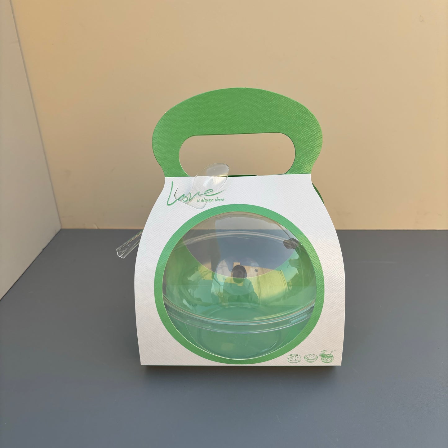 50PCS 500ML dessert clear ball with green paper handle and spoon