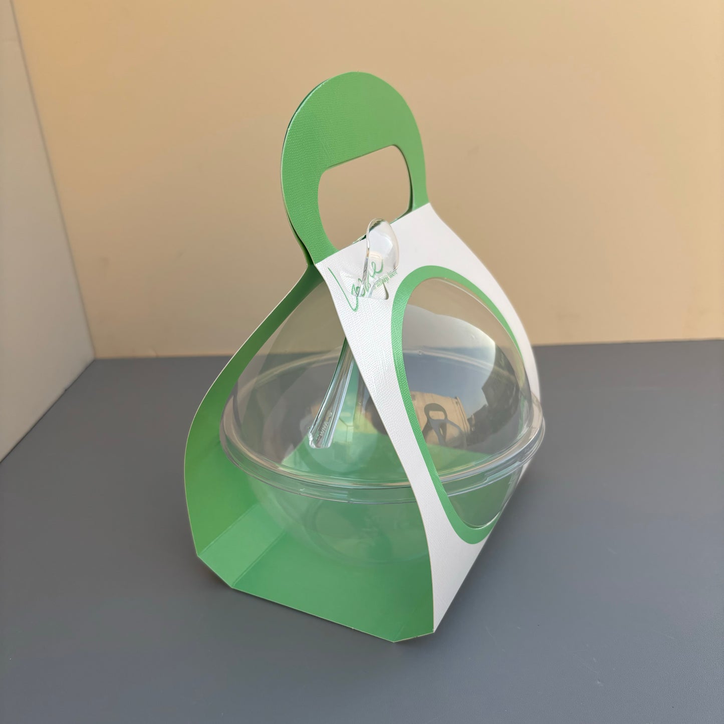 50PCS 500ML dessert clear ball with green paper handle and spoon