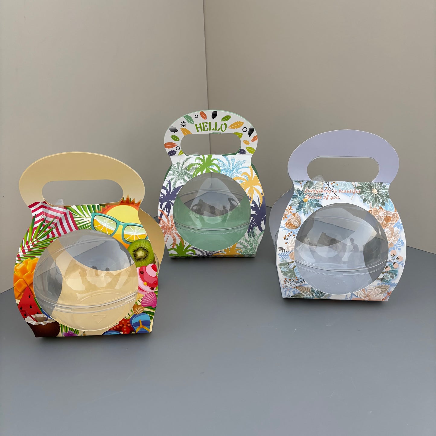 50PCS 500ML dessert clear ball with flower printing paper handle and spoon