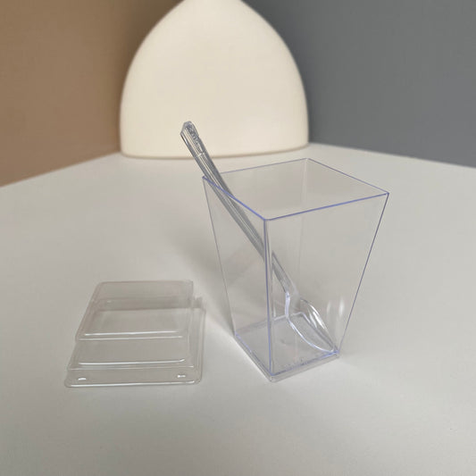 100 sets 3.4oz acrylic clear square cup with clear lid(clear spoon included)